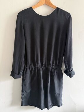 Club Monaco 100% silk Black Long-Sleeve Elastic-Waist shorts romper US4